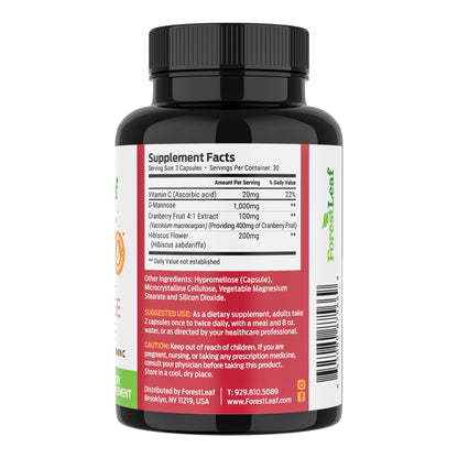ForestLeaf D Mannose Supplements for Women & Men - D-Mannose 1000mg Capsules with Cranberry, Hibiscus & VIT C - DMannose Pills for UTI, Urinary Tract & Bladder Support - 120 Caps
