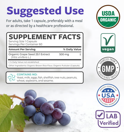 PURE CO USDA Organic Grape Seed Extract - High Potency 25:1 Grapeseed Supplement with 12,500mg Herbal Equivalent Strength - Antioxidant Support - Vegan & Non-GMO (4 Month Supply)