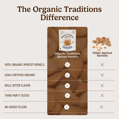 Organic Traditions Apricot Kernels, Organic Apricot Seeds, Sundried Sweet and Bitter Taste, Vegan, Source of Vitamin B17, Non GMO, Whole Foods Delivery, Plant Based for Snacking and Blending, 8 oz