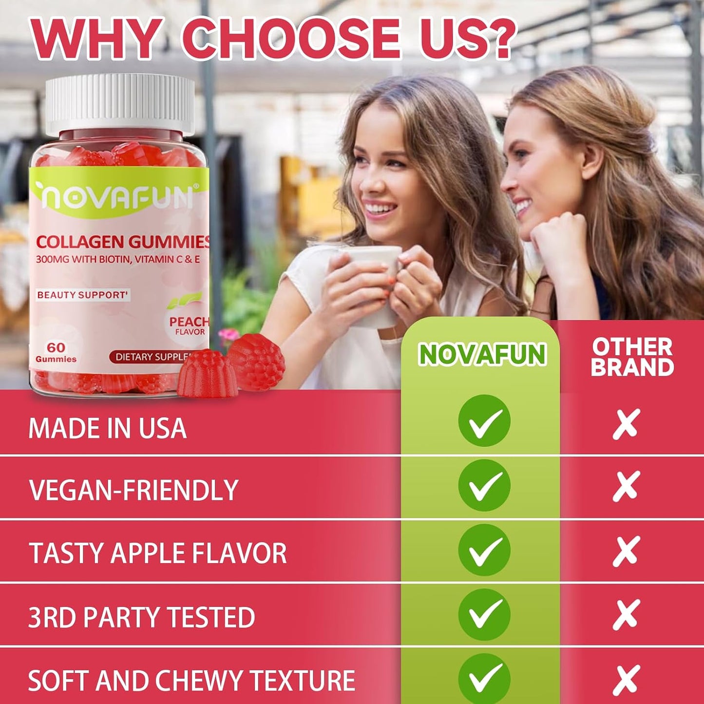 Collagen Gummies for Women - 300mg Collagen with Biotin, Vitamins C & E - Hair, Skin & Nails Supplement - Gluten Free, Vegetarian, Peach Flavor, 60 Gummies
