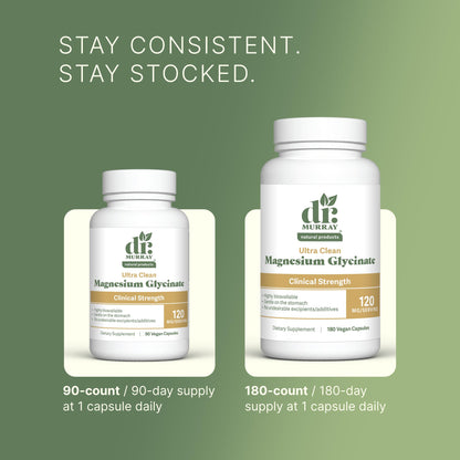 Dr. Murray's Ultra Clean Magnesium Glycinate | Supports Sleep, Relaxation, Heart & Muscle Function | Vegan | 120 mg | No Magnesium Stearate or Artificial Additives | 90 Capsules