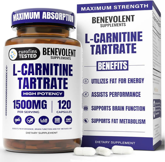Benevolent L Carnitine Supplement - High Potency 1500mg L-Carnitine Tartrate - Fast Absorbing, Convert Fat to Energy, Support Lean Muscle, Boost Workout Performance & Metabolism – 120 Vegan Capsules