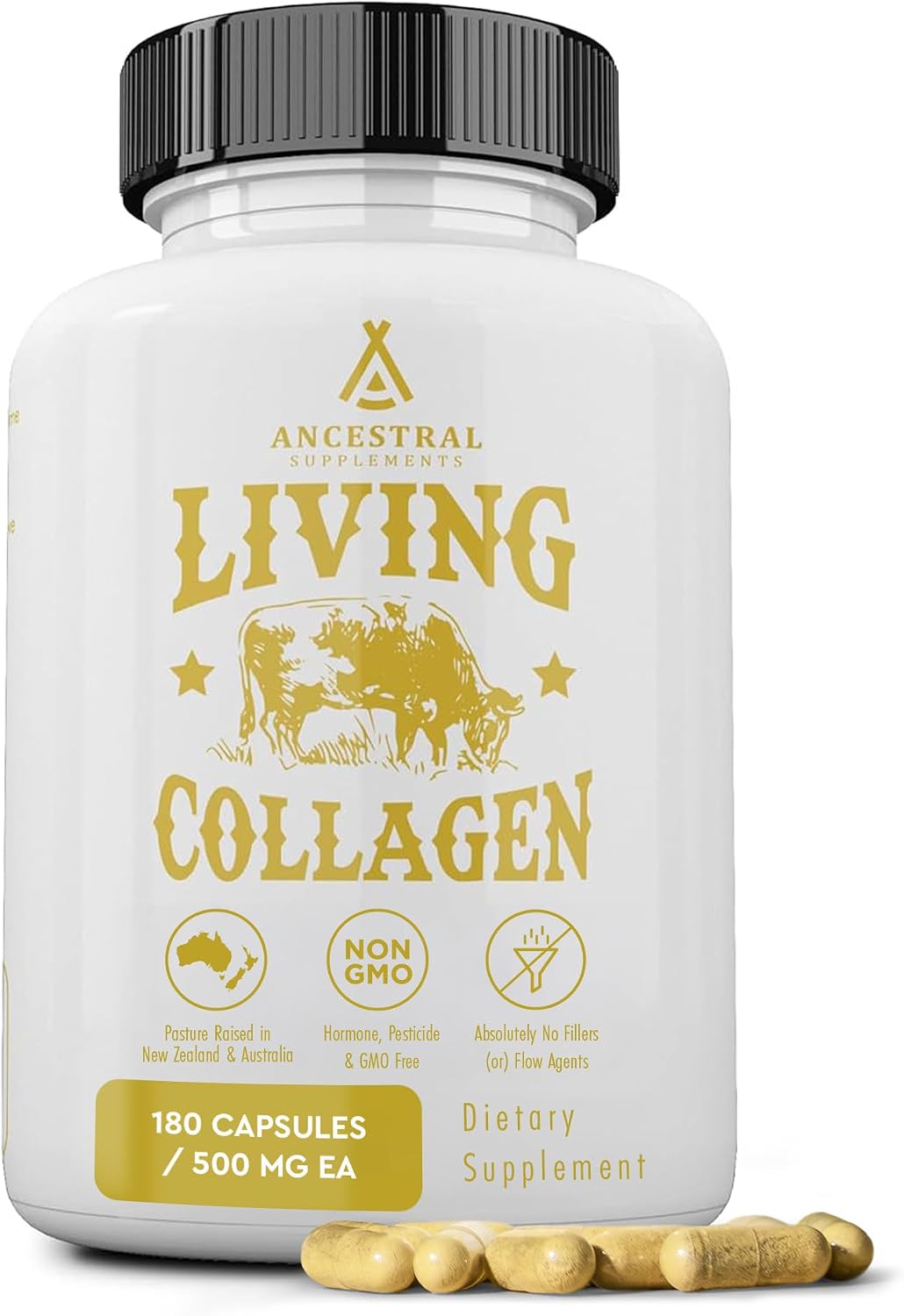 Ancestral Supplements Grass Fed Beef Living Collagen Capsules, 180 Ct | Type II collagen peptides complex in convenient capsules supports healthier, younger-looking skin, hair, nails & joints.