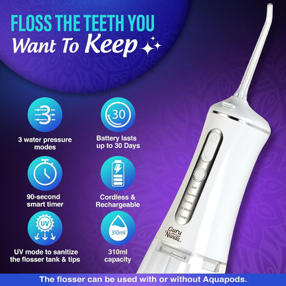 GuruNanda Advanced Dental Water Flosser 3.0 with UV Mode Water Flosser & 24 Aquapods with Mouthwash for Fresh Breath & Plaque Removal, Compact & TSA-Friendly