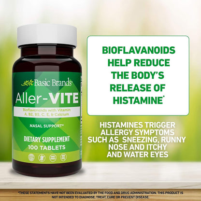 Basic Brands Aller Vite Nasal Support Tablets, 100 Tablets | Seasonal Allergy Relief, High Bioflavonoid Complex with Vitamins and Calcium, Gluten Free, Daily Supplement