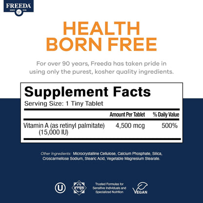 FREEDA Vitamin A 15,000 IU – Retinyl Palmitate – Vegan, Kosher, No Fish – Eye, Vision, Immune & Skin Support – Tiny Easy-to-Swallow Tablets – VIT A Vitamina A Supplement – 250 Tablets | Supports Healthy Vision, Skin, and Immune Function – Highly Absorbabl