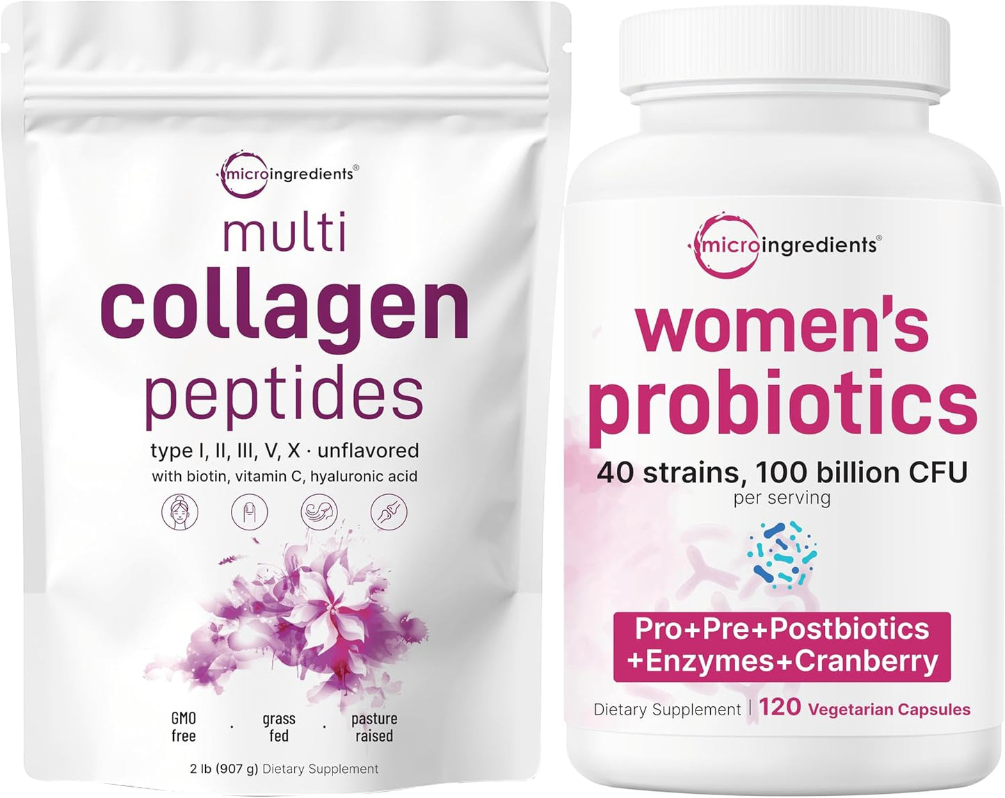Micro Ingredients 8-in-1 Multi Collagen Powder & Women’s Probiotics 100 Billion CFU Veggie Capsules | 2 Pack | Hydrolyzed Peptides + Hyaluronic Acid & Vitamin C | 40 Strains + Cranberry & D-Mannose