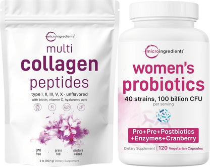 Micro Ingredients 8-in-1 Multi Collagen Powder & Women’s Probiotics 100 Billion CFU Veggie Capsules | 2 Pack | Hydrolyzed Peptides + Hyaluronic Acid & Vitamin C | 40 Strains + Cranberry & D-Mannose