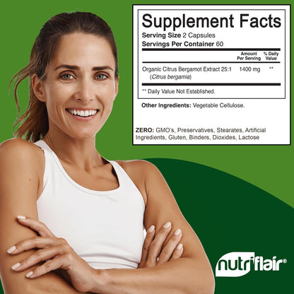 NutriFlair Organic Citrus Bergamot 1400mg, 120 Capsules - 25:1 Bergamia - Essential Oil and Citrus Bioflavonoids - Natural Heart Health Supplements for Women and Men - Non-GMO Pills