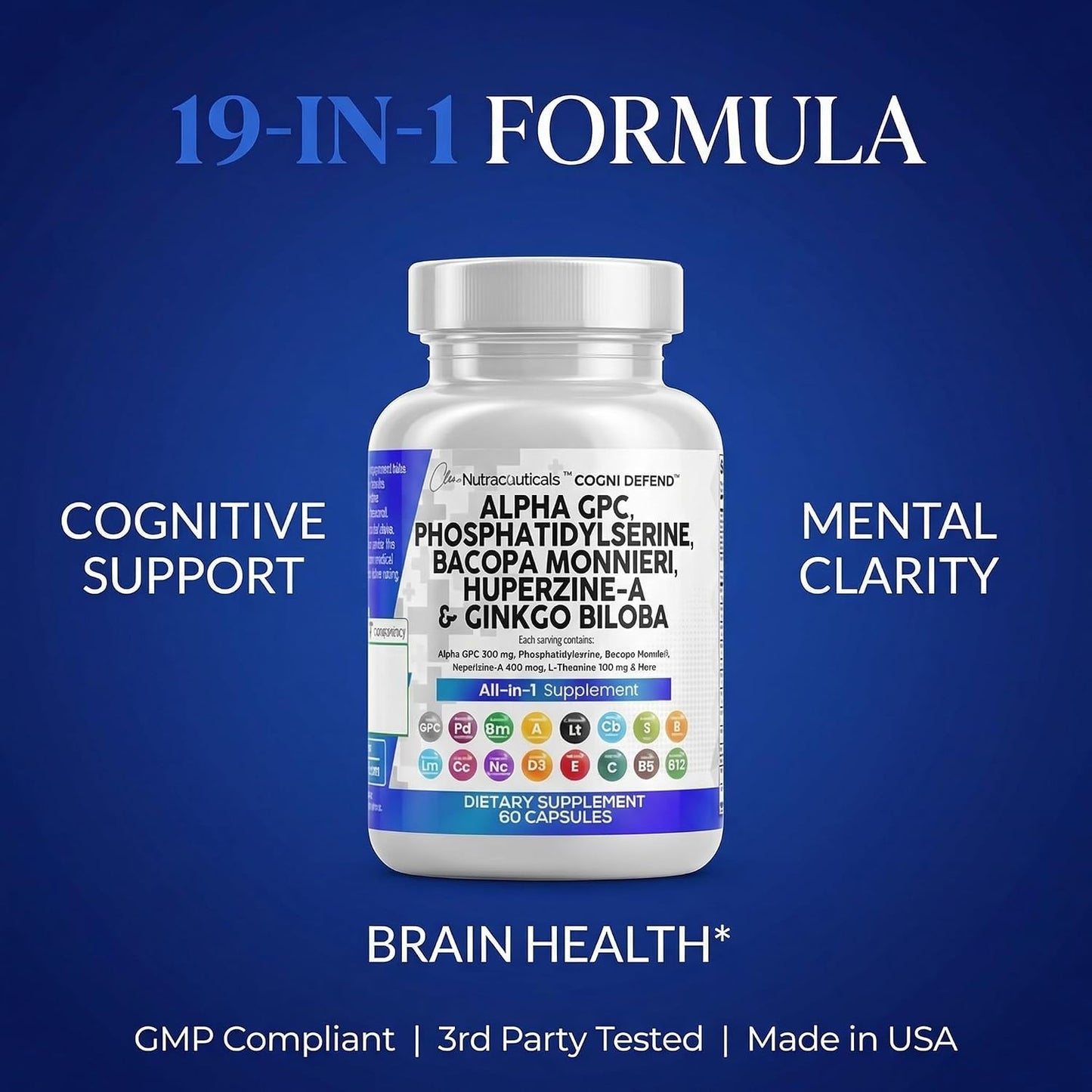 Brain Supplement Alpha GPC 300mg Phosphatidylserine Bacopa Monnieri Ginkgo Biloba Lions Mane Huperzine A L-Theanine NAC Nootropic Memory Focus Cognitive Support Vitamins B C D E 60 Capsules USA