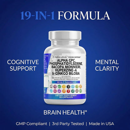 Brain Supplement Alpha GPC 300mg Phosphatidylserine Bacopa Monnieri Ginkgo Biloba Lions Mane Huperzine A L-Theanine NAC Nootropic Memory Focus Cognitive Support Vitamins B C D E 60 Capsules USA