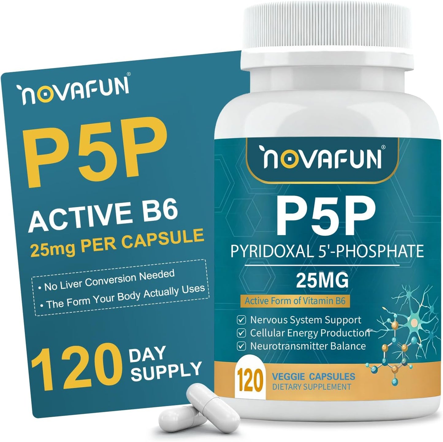 P5P 25mg - Active Vitamin B6, High Potency Pyridoxal-5-Phosphate Coenzyme Supplement, Supports Nervous System, Neurotransmitter Balance & Cellular Energy, 120 Veggie Capsules