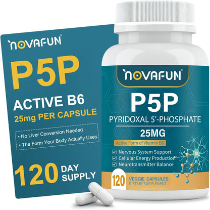 P5P 25mg - Active Vitamin B6, High Potency Pyridoxal-5-Phosphate Coenzyme Supplement, Supports Nervous System, Neurotransmitter Balance & Cellular Energy, 120 Veggie Capsules