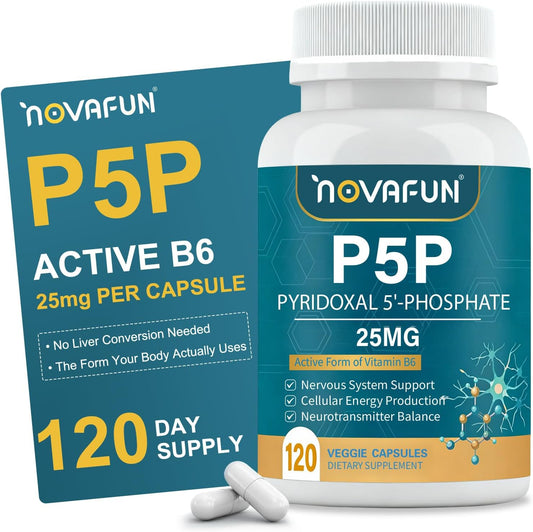 P5P 25mg - Active Vitamin B6, High Potency Pyridoxal-5-Phosphate Coenzyme Supplement, Supports Nervous System, Neurotransmitter Balance & Cellular Energy, 120 Veggie Capsules