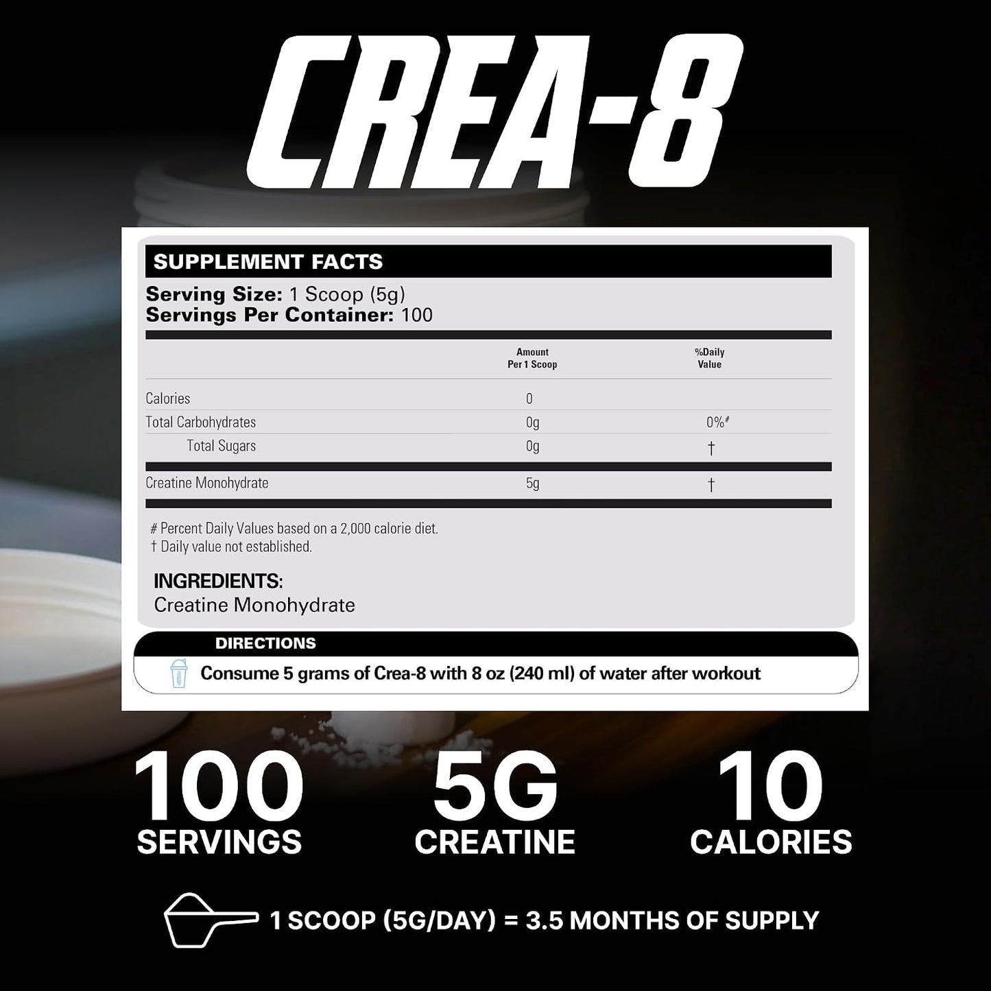 EHP Labs CREA-8 Creatine Monohydrate Powder, Unflavored, 100 Servings | Micronized Creatine For Muscle Growth, Strength & Energy. Mixes Easily, No Clumping. Pre Or Post Workout. 500g