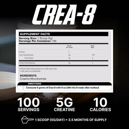 EHP Labs CREA-8 Creatine Monohydrate Powder, Unflavored, 100 Servings | Micronized Creatine For Muscle Growth, Strength & Energy. Mixes Easily, No Clumping. Pre Or Post Workout. 500g