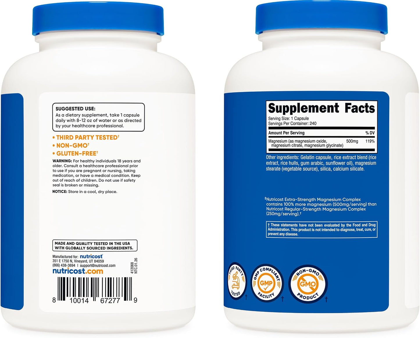 Nutricost Magnesium Complex Extra Strength 500mg, 240 Capsules, Gluten Free | Magnesium Oxide, Citrate, and Glycinate, GMO-Free