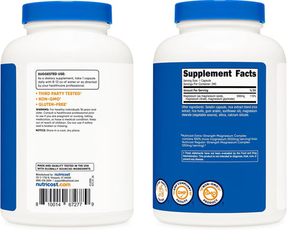 Nutricost Magnesium Complex Extra Strength 500mg, 240 Capsules, Gluten Free | Magnesium Oxide, Citrate, and Glycinate, GMO-Free