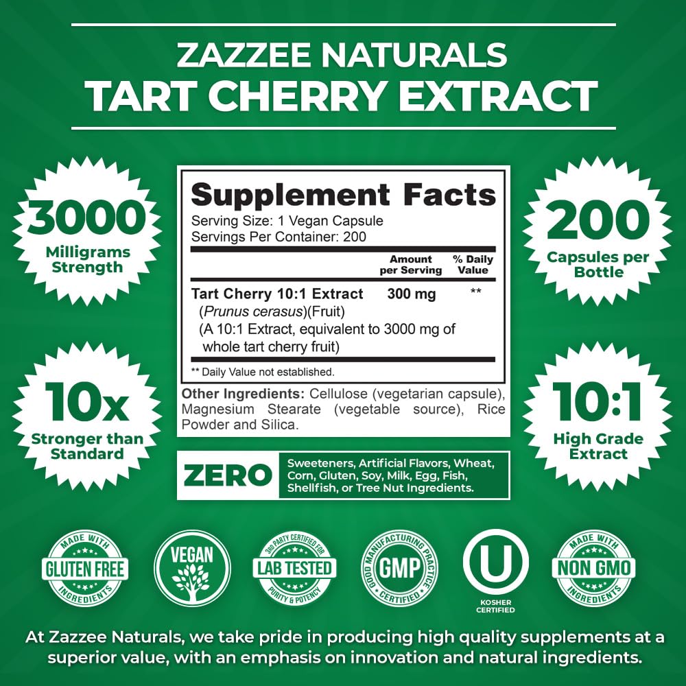 Zazzee Tart Cherry 10:1 Extract, 3000 mg Strength, 200 Vegan Capsules