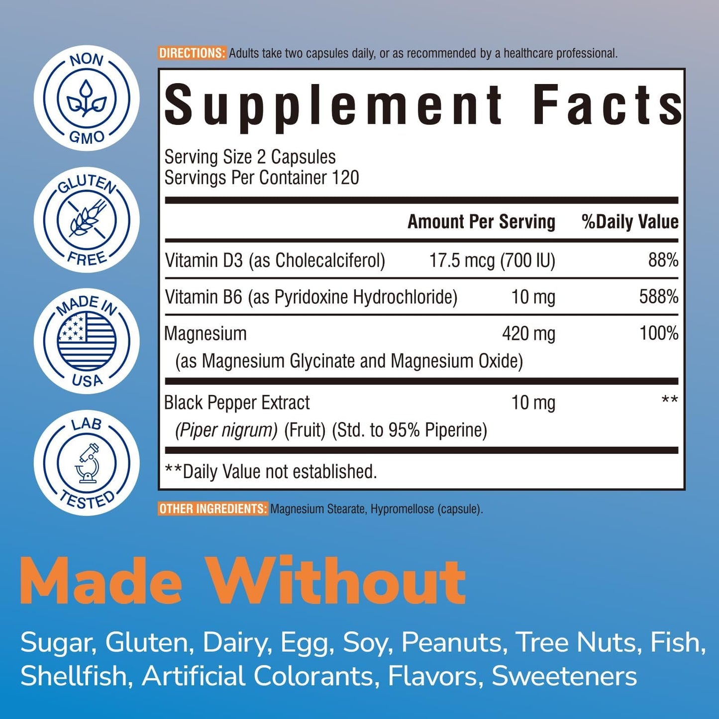 Vitalibre Magnesium Glycinate 420mg with Vitamin D3 B6, 120 Vegan Capsules | Chelated & Buffered Magnesium Supplement | High Absorption for Nerve, Bone, Heart, Mood, Sleep Support, Non-GMO