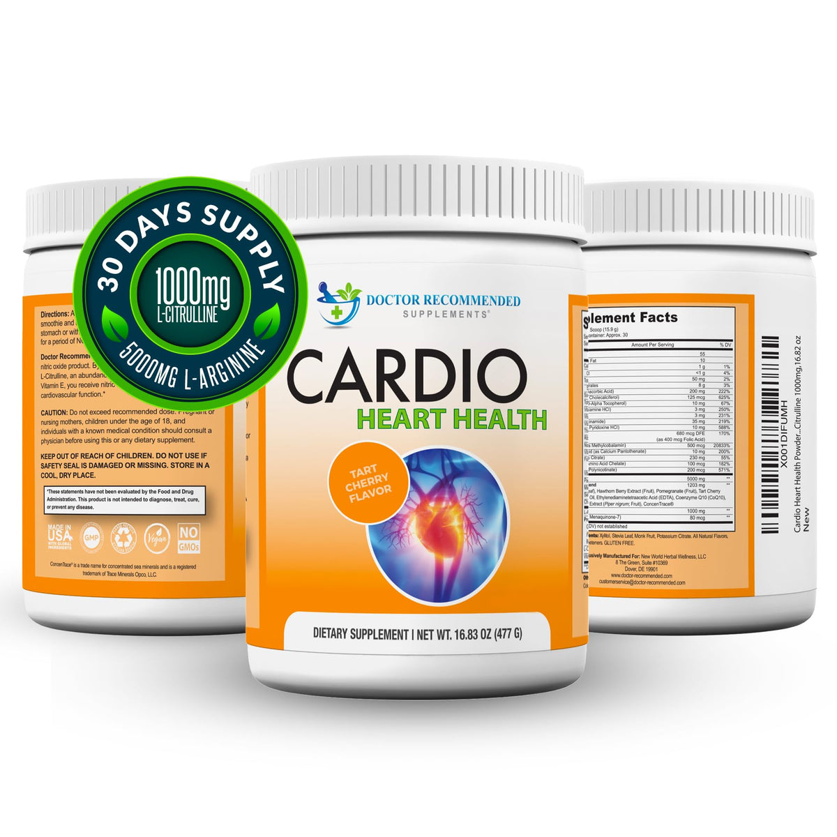 Cardio Heart Health Powder – L-Arginine Supplement 5000mg & L-Citrulline 1000mg,16.82 oz