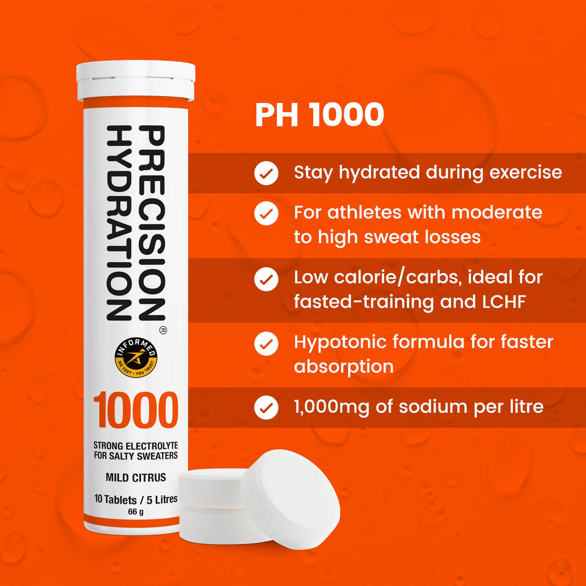 Precision Hydration Electrolyte Tablets - Multi Strength Effervescent Hydration Tablets - Combats Cramp - Low Calorie, Gluten Free, Vegan/Vegetarian Friendly (1 Tube, 1500mg/L - Purple Tube)