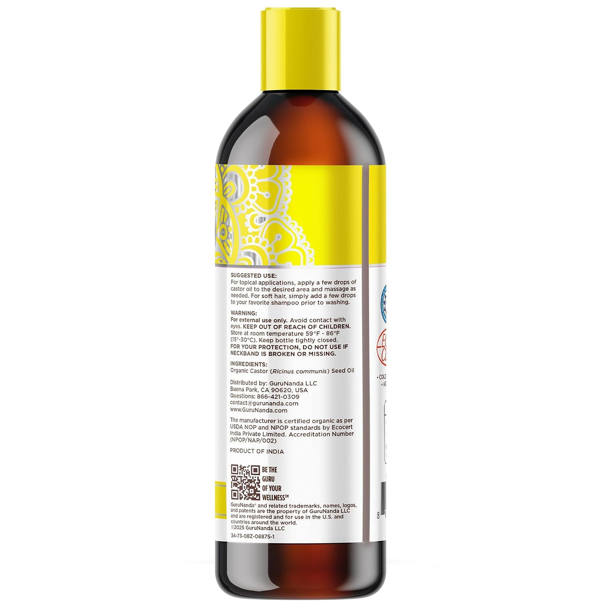GuruNanda Castor Oil USDA Certified Organic, Pure & Natural, 8 fl oz