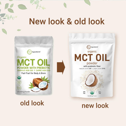 Organic MCT Oil Powder with Prebiotic Fiber,1 Pound(16 Ounce), Fast Fuel for Body and Brain