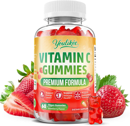 Vitamin C Gummies for Adults, Immune Support Supplement for Energy, 60 Ct | Antioxidant Protection, Non-GMO, Vegan, Sugar-Free, Strawberry Flavor