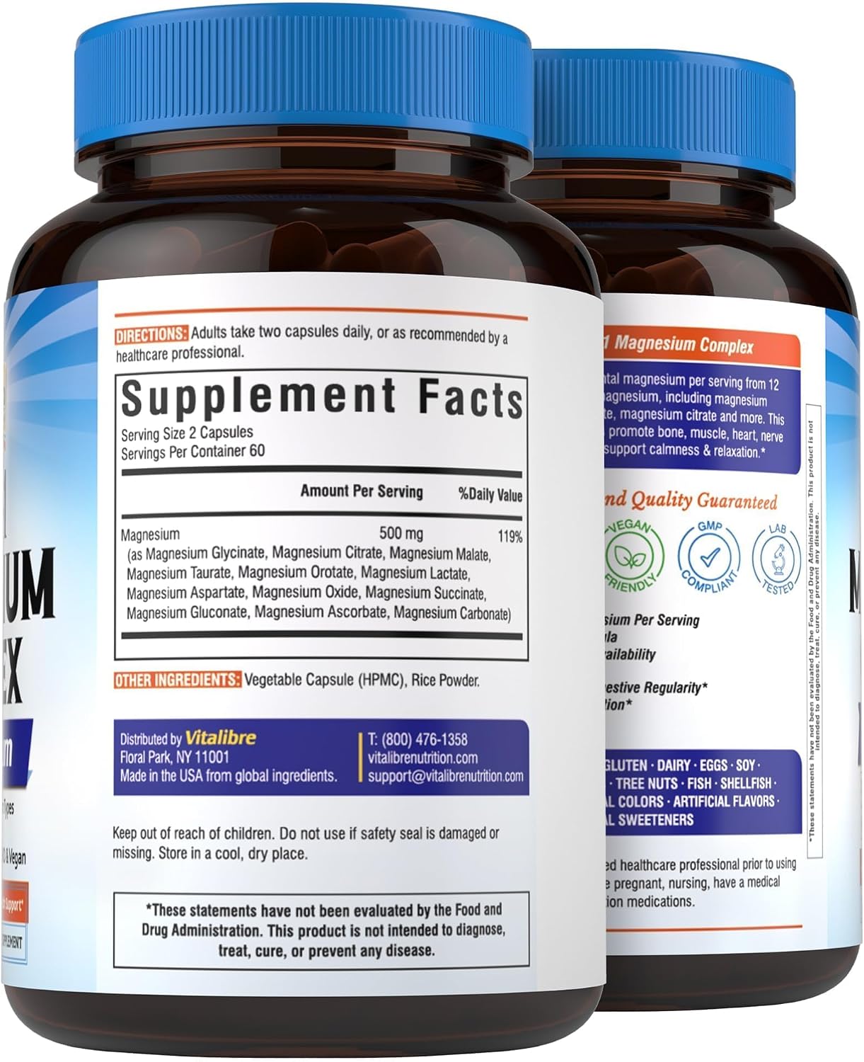 Vitalibre 12 in 1 Magnesium Complex 500mg for Women Men, 120 Vegan Capsules | Max Absorption Chelated Magnesium Glycinate Citrate Malate & More for Bone, Nerve & Digestive Support | Non-GMO