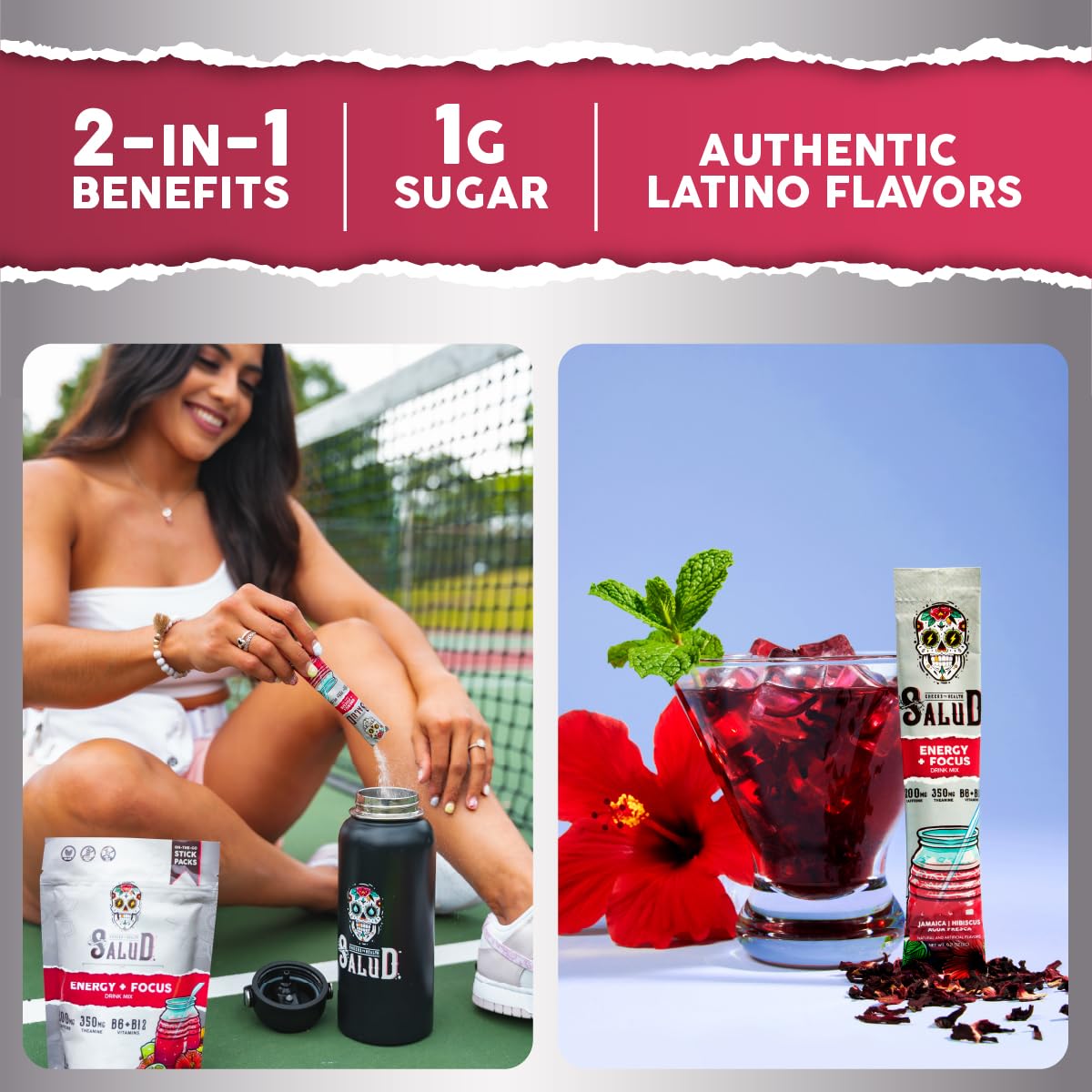 Salud 2-Pack |2-in-1 Energy + Focus (Hibiscus) & Energy + Focus (Cucumber Lime) – 15 Servings Each, Agua Fresca Drink Mix, Non-GMO, Gluten Free, Vegan, Low Calorie, 1g of Sugar