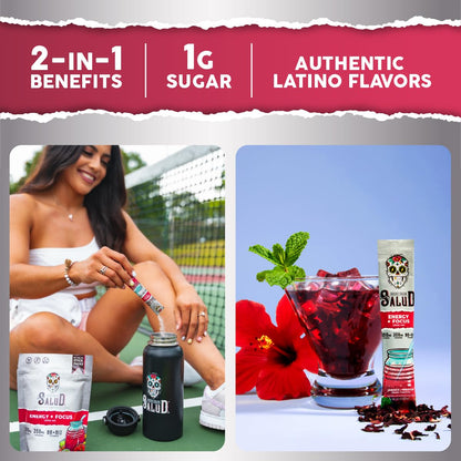 Salud 2-Pack |2-in-1 Energy + Focus (Hibiscus) & Energy + Focus (Cucumber Lime) – 15 Servings Each, Agua Fresca Drink Mix, Non-GMO, Gluten Free, Vegan, Low Calorie, 1g of Sugar