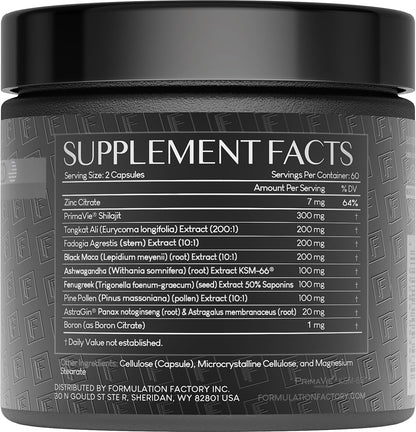 Formulation Factory Self Obsessed 10-in-1 Natural Testosterone Booster for Men, Testosterone Supplement for Men with Shilajit, Tongkat Ali, Fadogia Agrestis, 120 Capsules, 2 Month Supply