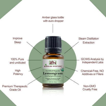 Nirvana Nurture Lemongrass Essential Oil USDA Certified Organic 100% Pure Premium Therapeutic Grade