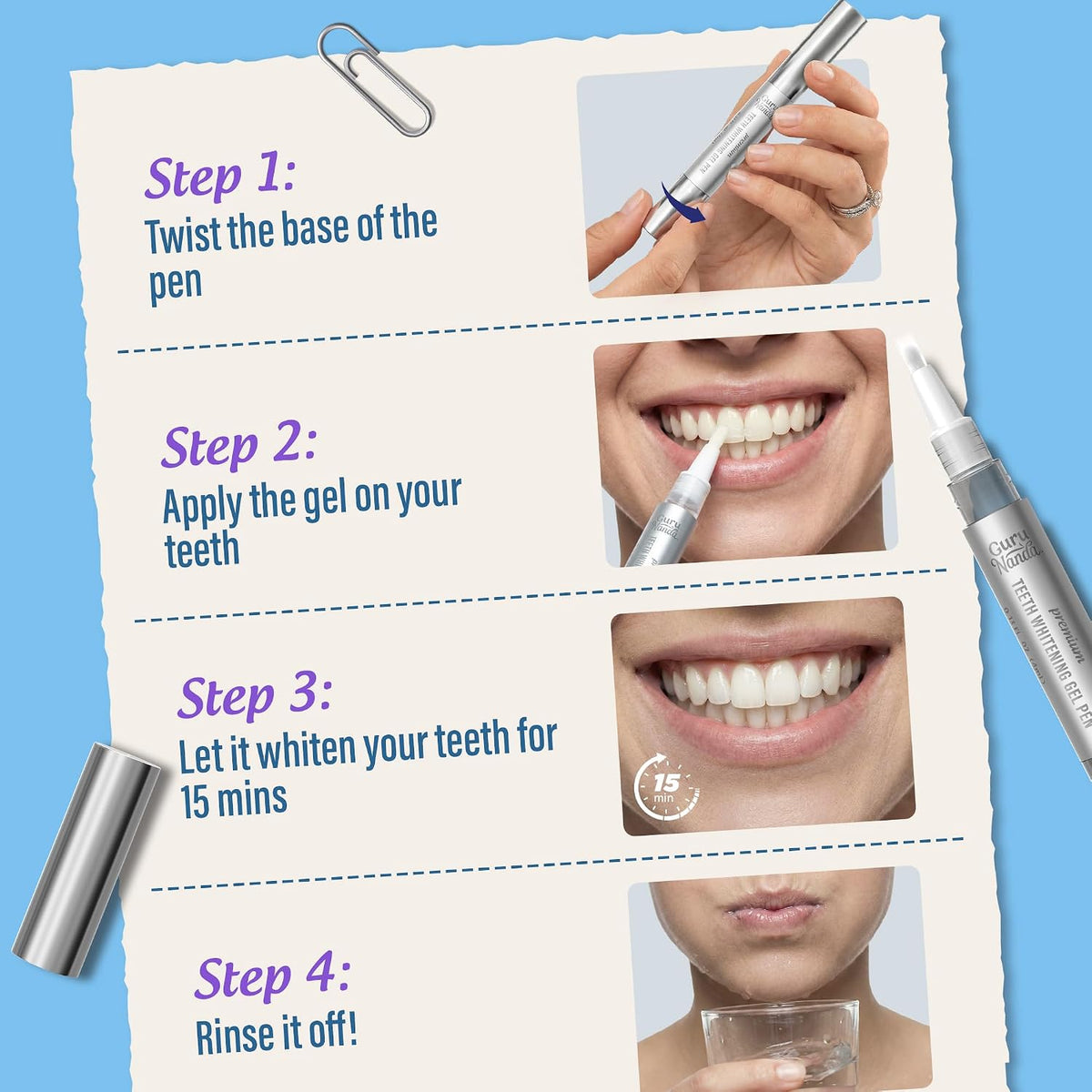 GuruNanda Teeth Whitening Pen - Helps Remove Surface Stains from Coffee, Tea & Wine, Up to 70 Uses, Precision Brush Applicator, Travel-Friendly Whitening Gel Pen, Mint Flavor, 4 mL