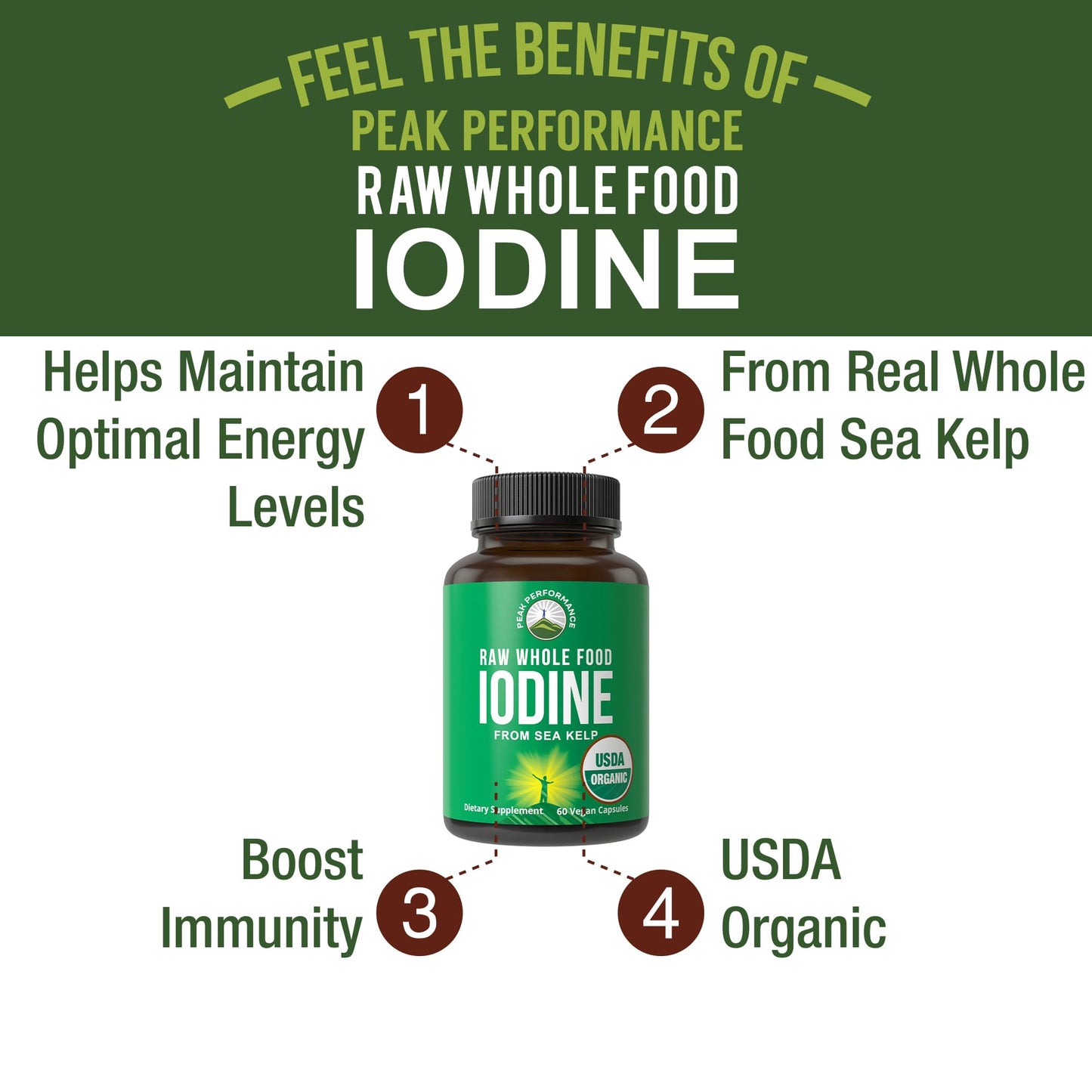 USDA Organic Raw Whole Food Iodine Supplement from Kelp (Ascophyllum Nodosum) - Potassium Iodide Tablets Alternative - for Thyroid, Energy, and Immune Support - 60 Vegan Capsules by Peak Performance