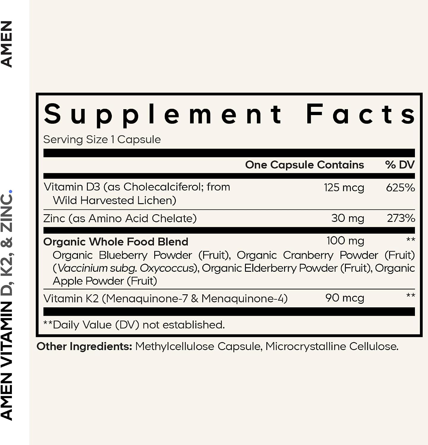 Amen Vitamin D, K2 & Zinc, Cholecalciferol D3 5000 IU, Organic Whole Food Blend with Apple, Blueberry, Cranberry, Elderberry Powder Fruits, Vegan Supplement, D3 K2 Vitamins, Non-GMO - 60 Capsules