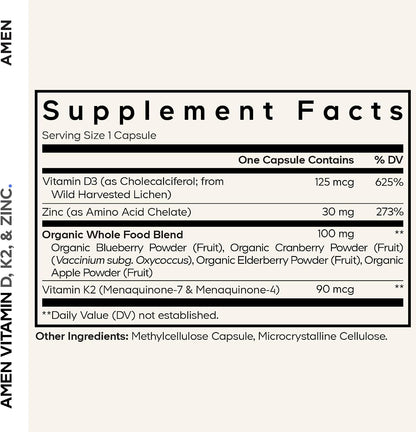 Amen Vitamin D, K2 & Zinc, Cholecalciferol D3 5000 IU, Organic Whole Food Blend with Apple, Blueberry, Cranberry, Elderberry Powder Fruits, Vegan Supplement, D3 K2 Vitamins, Non-GMO - 60 Capsules