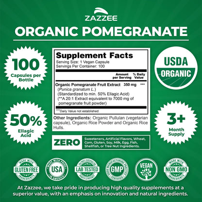 Zazzee USDA Organic Pomegranate 20:1 Extract, 50% Ellagic Acid 100 Capsules | Vegan, 3+ Month Supply, Punica Granatum, Antioxidant, Immune & Polyphenol Support, All-Natural, Non-GMO, Made in the USA