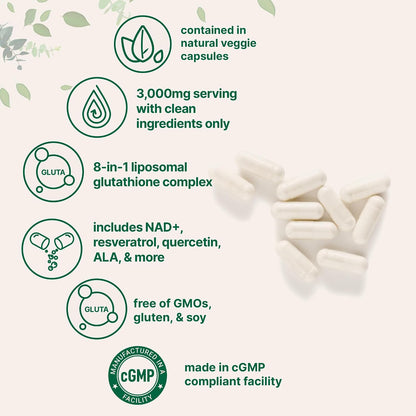 Micro Ingredients Liposomal Reduced Glutathione Complex 3,000mg - 8‑in‑1 Advanced Glutathione Supplement with NAD, Resveratrol, Quercetin, Alpha Lipoic Acid & Vitamin C - 120 Vegetarian Caps