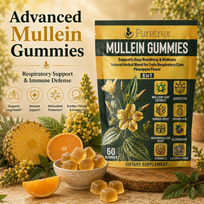 Mullein Gummies 60 Count, 8 in 1 Herbal Blend for Respiratory Support, Lung & Immune Care, Mullein Leaf Extract, Elderberry, Vitamin C, Ginger Root, Quercetin, Bromelain, Pineapple Flavor