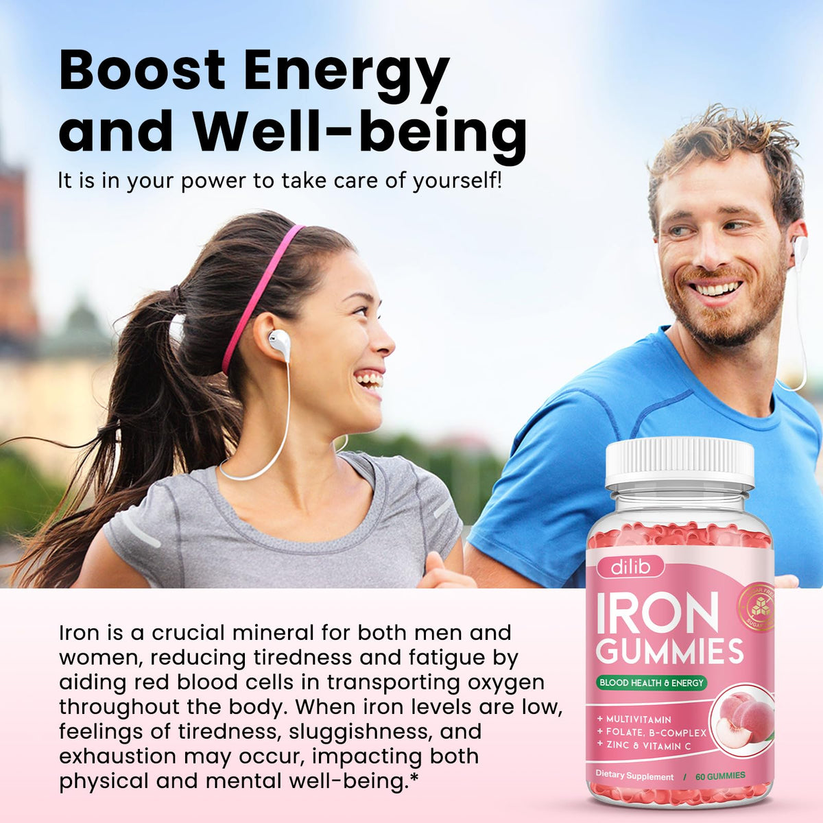 Iron Gummies with Multivitamin, Iron Supplement for Women & Men with Zinc, Vitamin B Complex & C, B12, Folate - Blood Builder & Energy Support for Adults & Kids - Strawberry Flavor, Vegan 60 Gummies