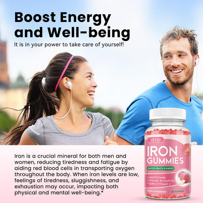 Iron Gummies with Multivitamin, Iron Supplement for Women & Men with Zinc, Vitamin B Complex & C, B12, Folate - Blood Builder & Energy Support for Adults & Kids - Strawberry Flavor, Vegan 60 Gummies