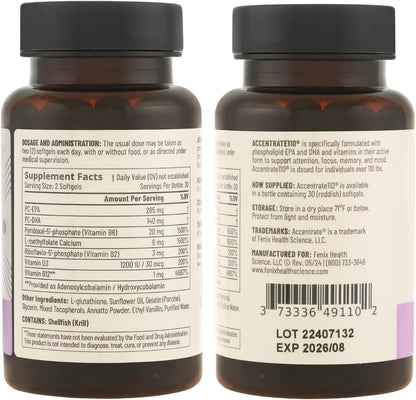 Accentrate110 - Focus Supplement - Methylated Vitamin B Complex with Omega 3 Fatty Acid Supplement - L-Methylfolate, Vitamin B12, P-5-P, Riboflavin, VIT D, – 60 Softgels (1 Month Supply)