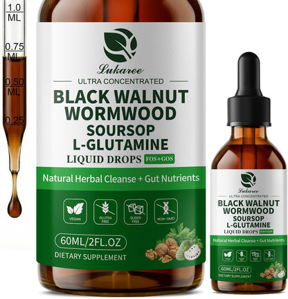 Wormwood Black Walnut Soursop Drops - Gut Health with L-Glutamine | Gentle Intestinal Cleanse & Digestive Health – with Prebiotics & Zinc for Mood Immune & Energy – Vegan Gluten-Free