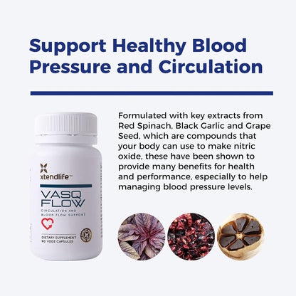 Xtendlife VasQFlow Nitric Oxide Booster - for Circulation, Blood Flow, Heart & Muscle Support-with Red Spinach Extract & Aged Garlic - 1 Month Supply (90 Count)