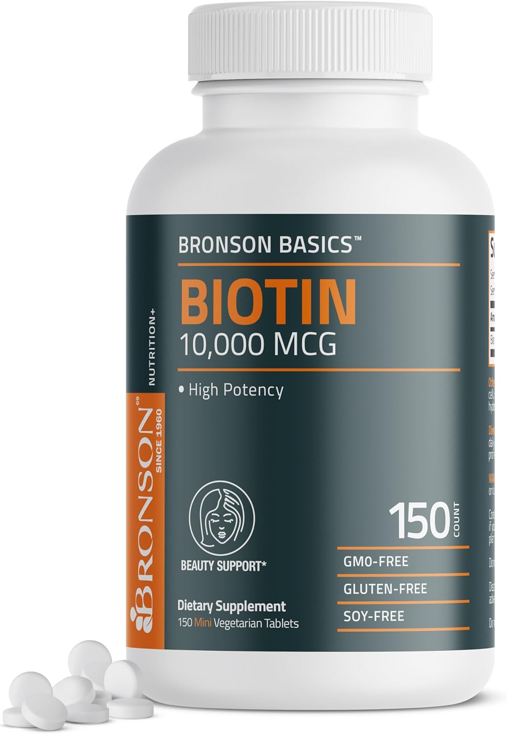 Bronson Biotin 10,000mcg Hair Skin and Nails Vitamins, 150 Tablets | Vegetarian Beauty Support, Non-GMO, Gluten-Free, Soy-Free, Supports Healthy Hair, Skin and Nails