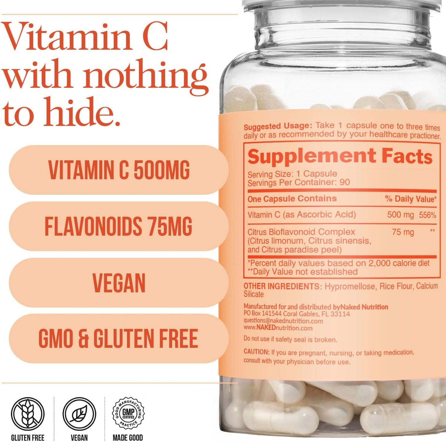 NAKED Vitamin C - 500mg Ascorbic Acid Capsules with Citrus Bioflavonoids - Daily Antioxidant and Immune Support* Made in USA - Vegan, Non-GMO - 90 Capsules