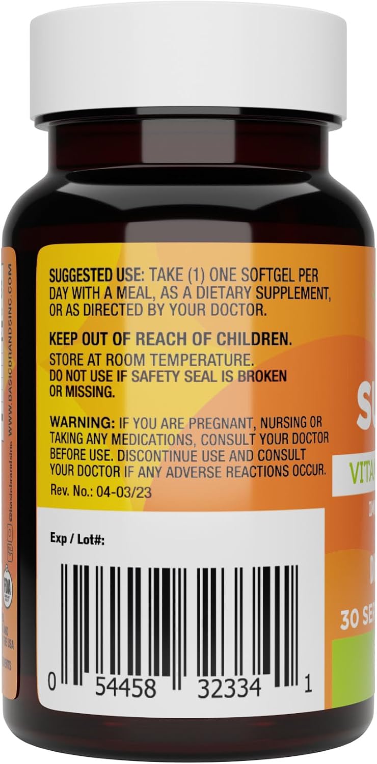 Basic Brands Happy Sunshine Vitamin D3 1000 IU | Immune & Bone Health, Muscle Function, Vitamin D3 25 mcg (1,000 IU), Gluten-Free, Non-GMO, 30 Softgels