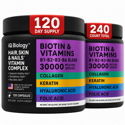 Biotin 10,000 mcg Supplement - Hair Growth Support for Women & Men - 60 pcs | Hair Skin and Nail Vitamins with Keratin, Collagen, Hyaluronic Acid & Vitamin B Complex - 30,000 mcg Hair Vitamins Complex